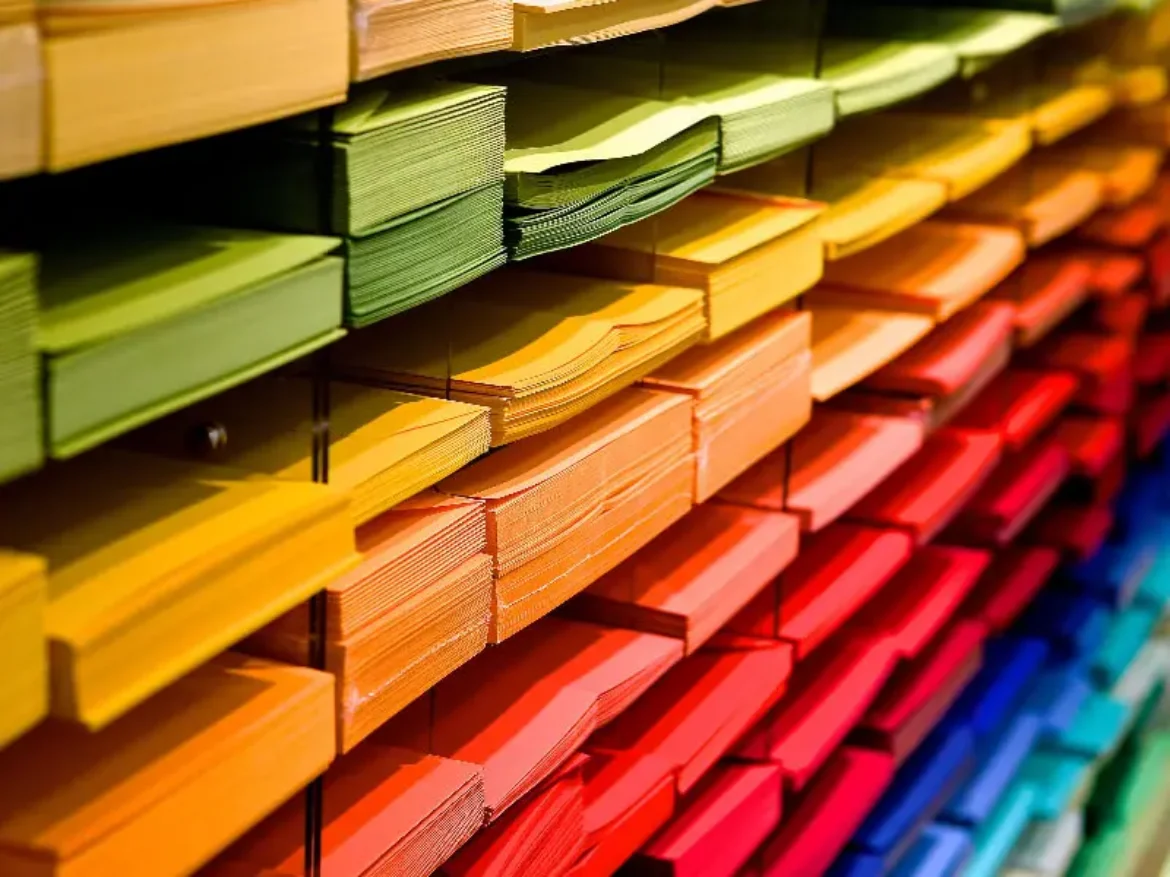 tumpukan kertas buffalo berwarna dalam rak